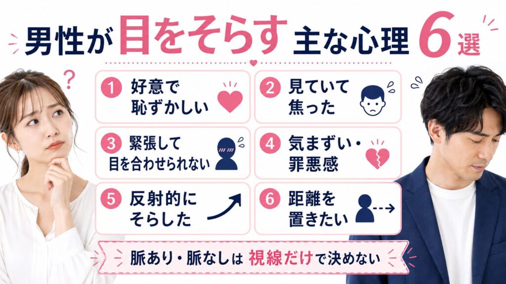男性が目をそらす主な心理【6選】を説明する画像