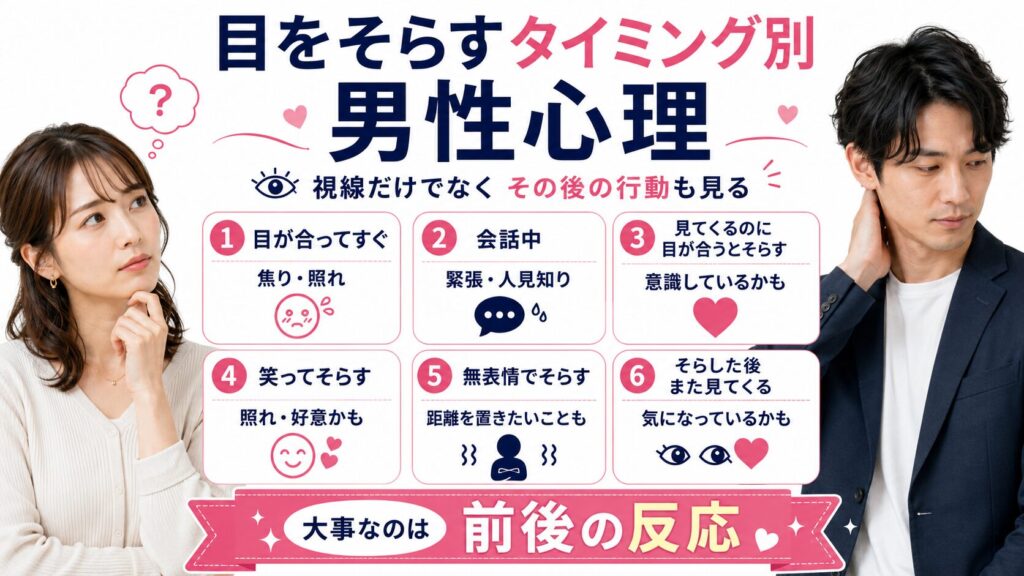 目をそらすタイミング別の男性心理を説明する画像