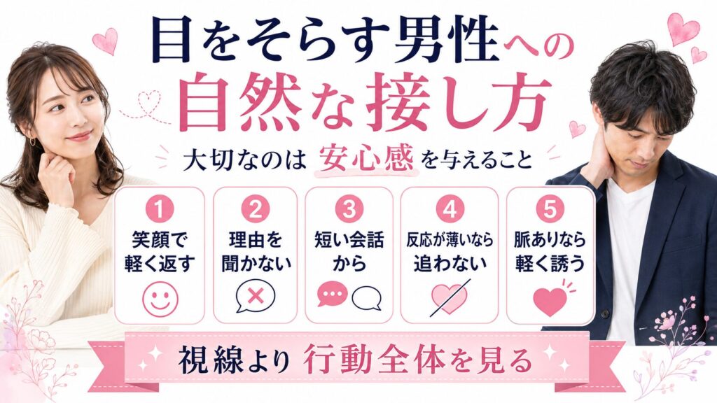 目をそらす男性への自然な接し方を説明する画像