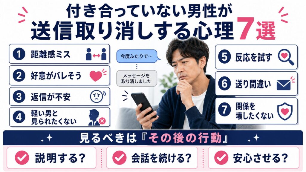 付き合っていない男性が送信取り消しする心理【7選】を説明する画像