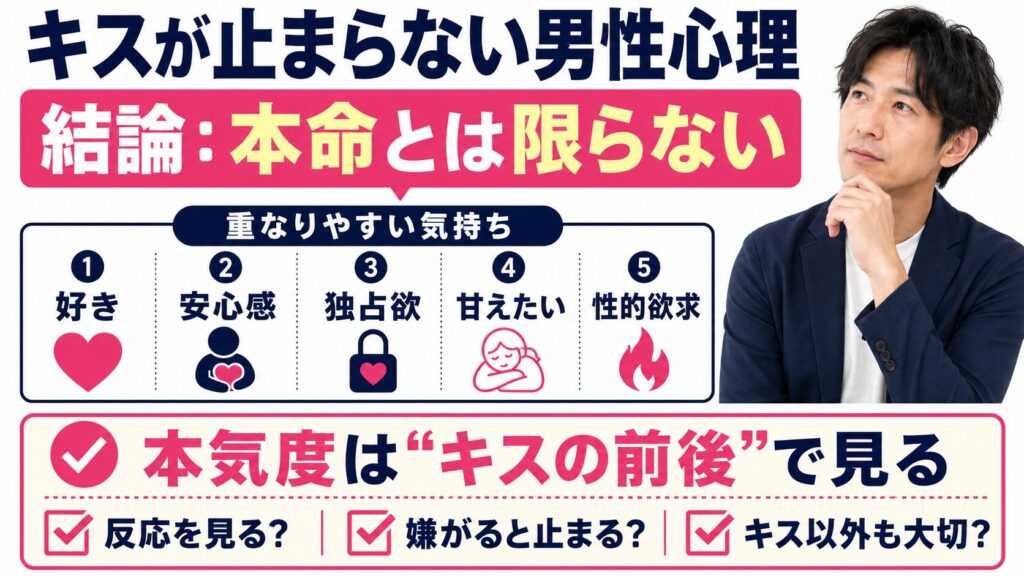 キスが止まらない男性心理とは?|結論:本命とは限らないことを説明する画像