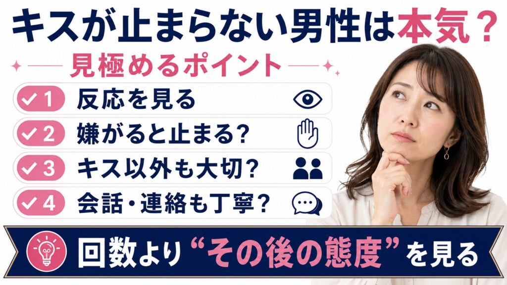キスが止まらない男性は本気?見極めるポイントを説明する画像