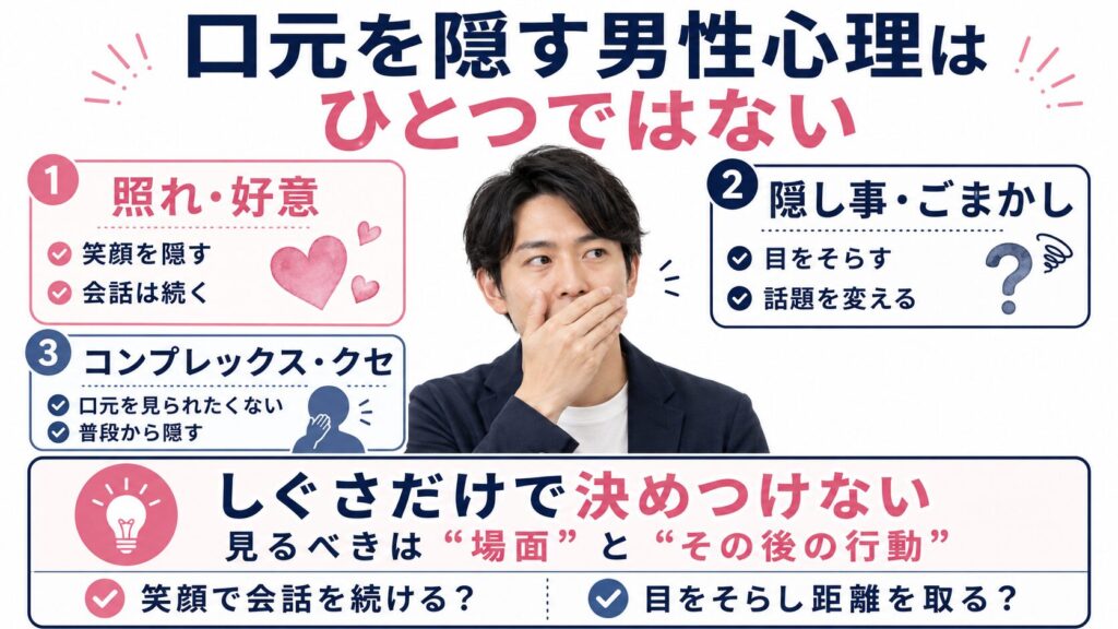 口元を隠す男性心理はひとつではないことを説明する画像