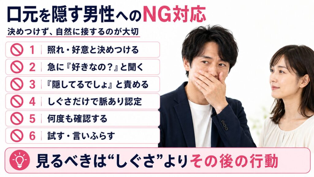 口元を隠す男性に対してやってはいけないことを説明する画像