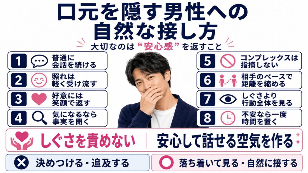 口元を隠す男性への自然な接し方を説明する画像